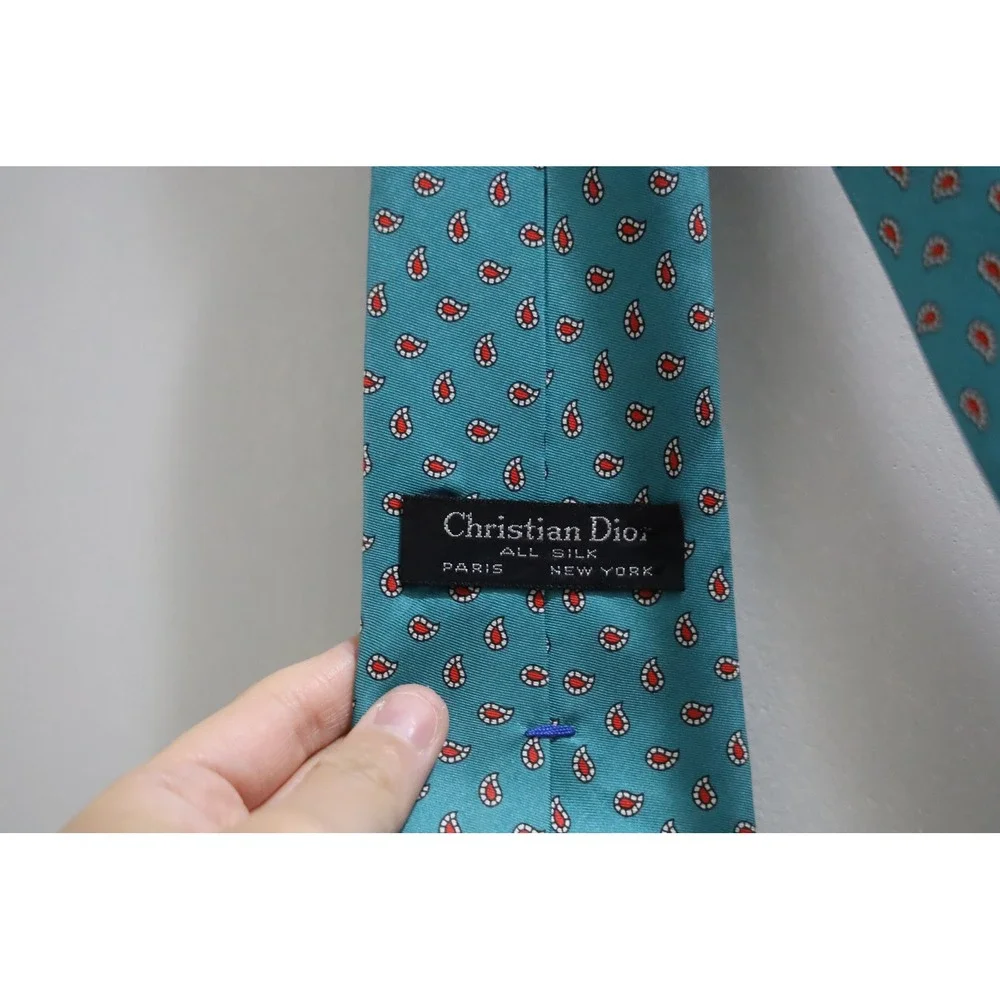 Christian Dior Mens Silk Necktie Teal Green Red White Micro Paisley Logo Lining